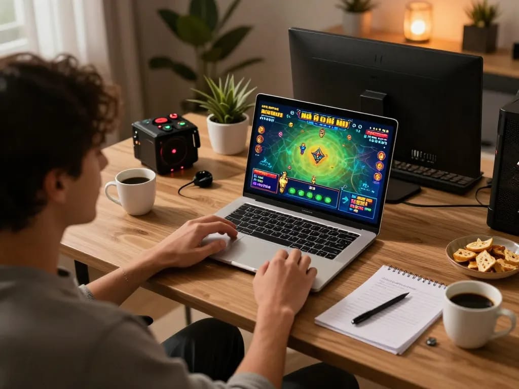 Nổ hũ gameplay on a laptop screen during an engaging home gaming session, showcasing strategic online gambling.
