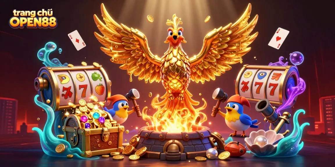 Experience the dynamic energy of the trang chủ OPEN88 casino with a stunning molten gold phoenix illustration.