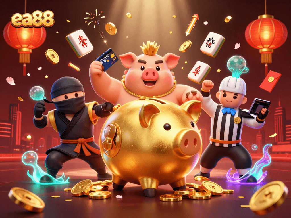 Experience thrilling moments with ea88 featuring a golden piggy bank sumo wrestler amidst festive gambling elements.