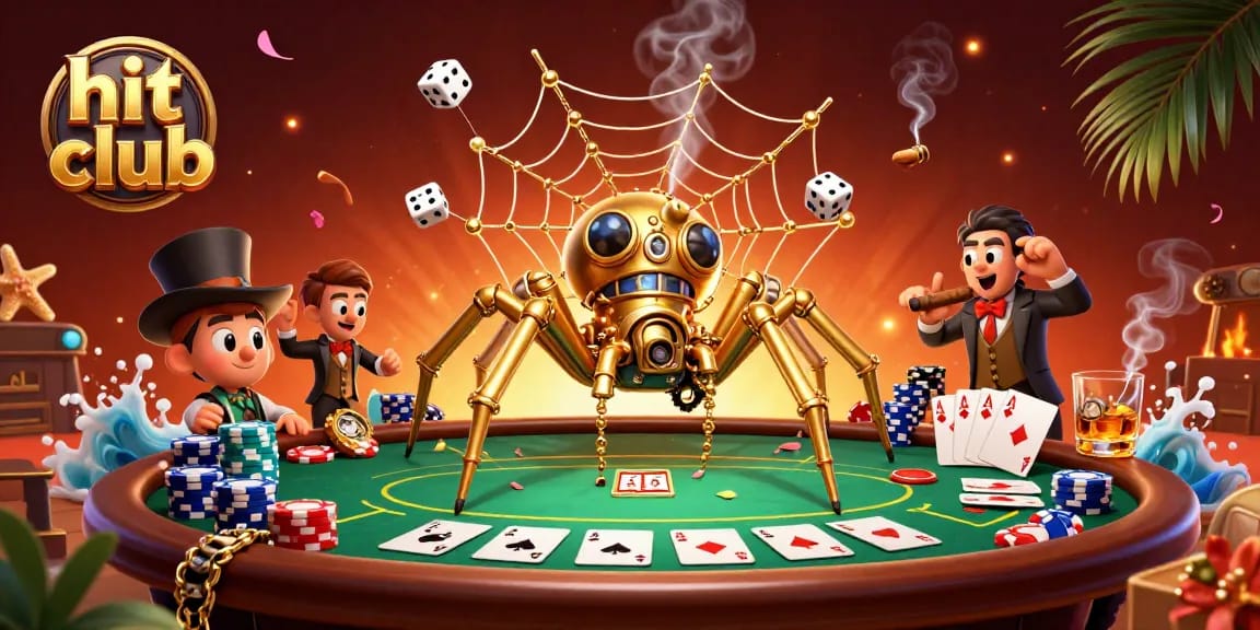 Experience the thrill at hit club with a dynamic steampunk scene filled with poker elements.