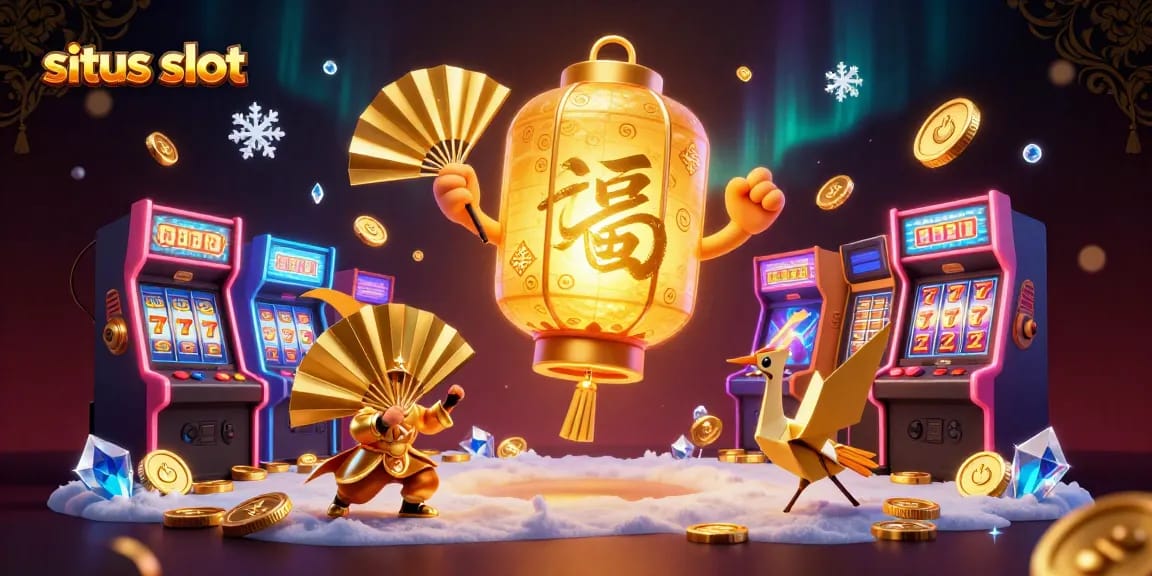 Experience the excitement of situs slot with vibrant gaming elements and a mystical golden spirit at a night market casino.