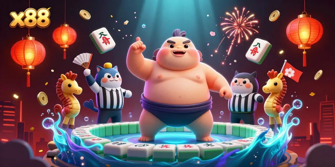 Play x88 casino games with dynamic underwater fun featuring a fugu character, catfish referee, and vibrant decorations.