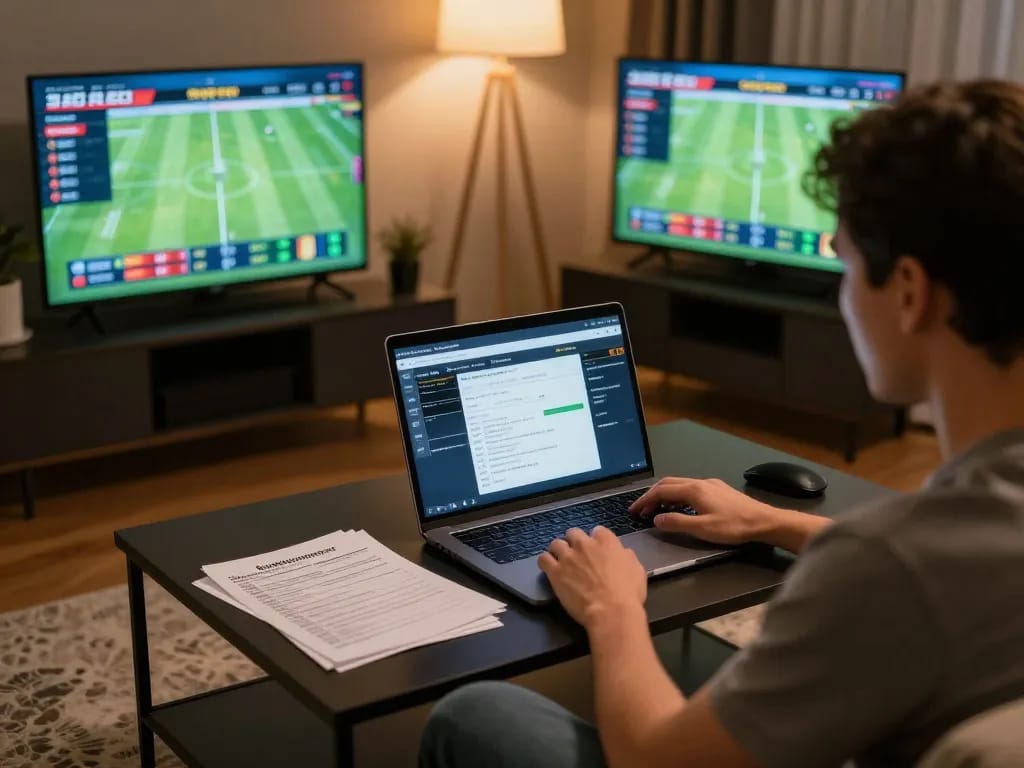 Tỷ lệ kèo nhà cái 5 showcased as a player monitors live sports betting odds on multiple screens