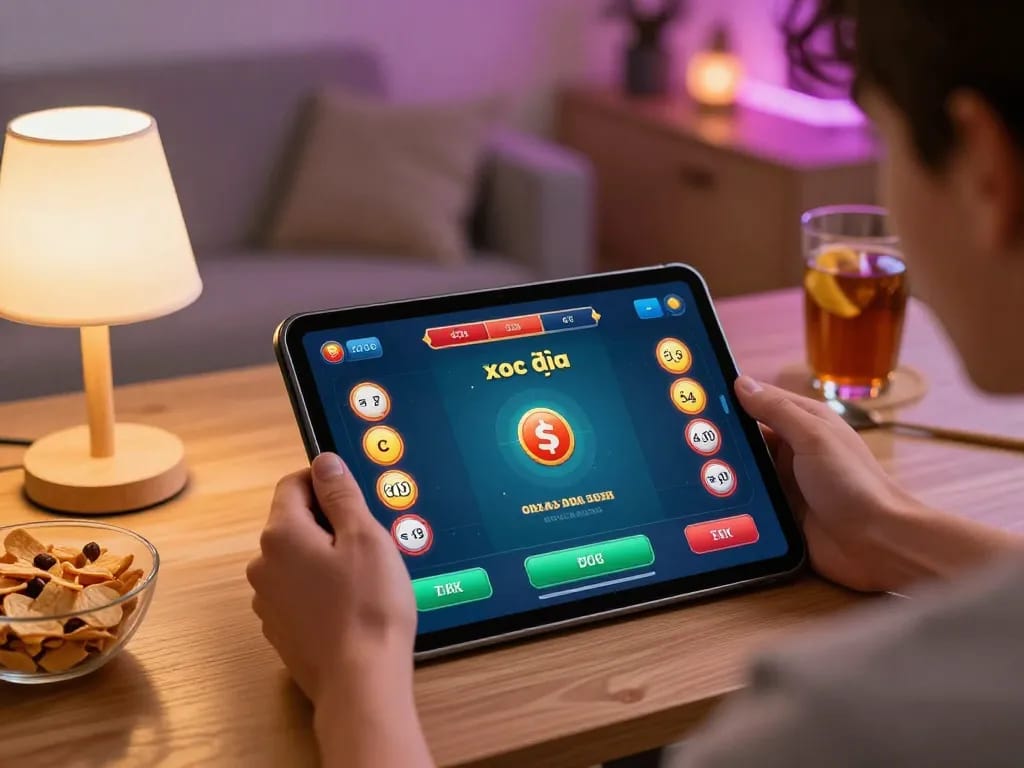 Xóc đĩa gameplay displayed on a tablet in a cozy home setting, highlighting strategic betting.