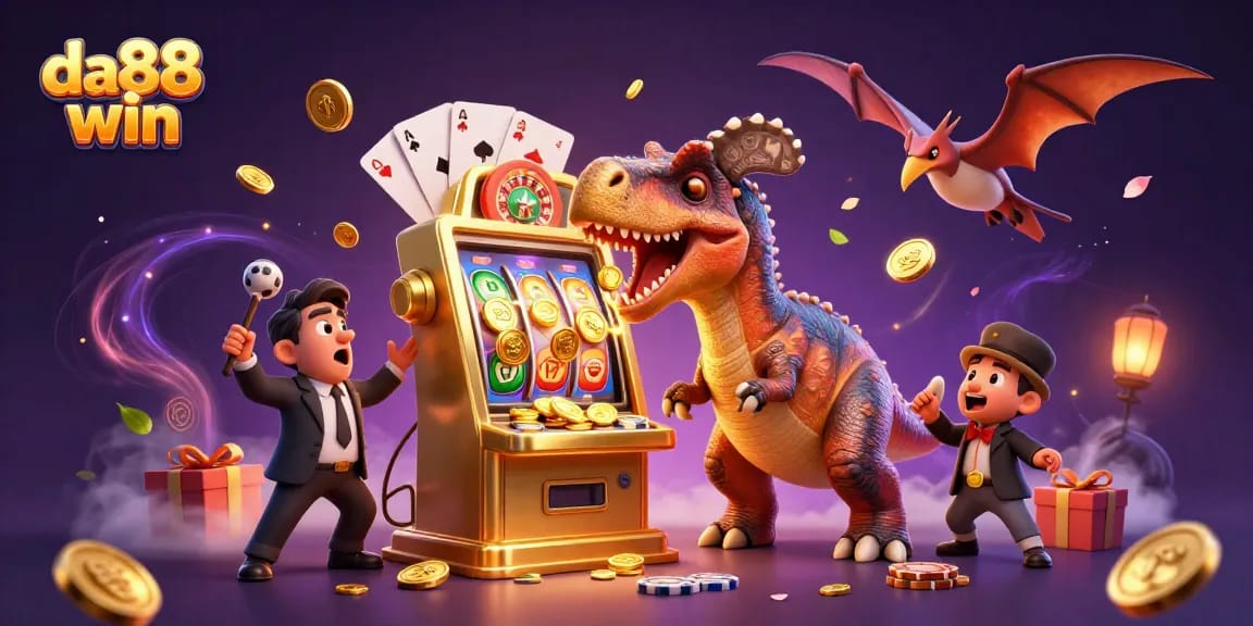 Celebrate your da88 win with a cartoon dinosaur hitting a jackpot at a dazzling slot machine!