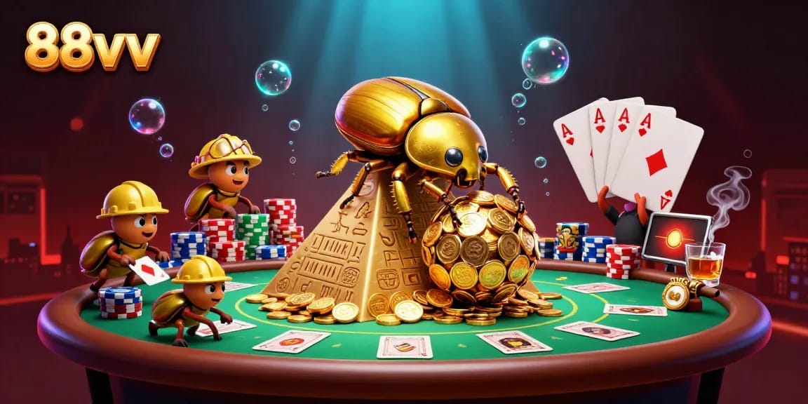88vv showcases a vibrant 3D illustration of a golden dung beetle at play in a casino.
