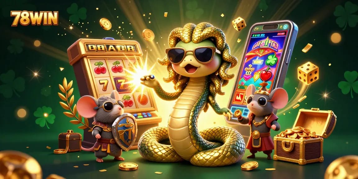 Experience the excitement of 78WIN with a captivating casino scene featuring slot machines, gold coins, and vibrant characters.