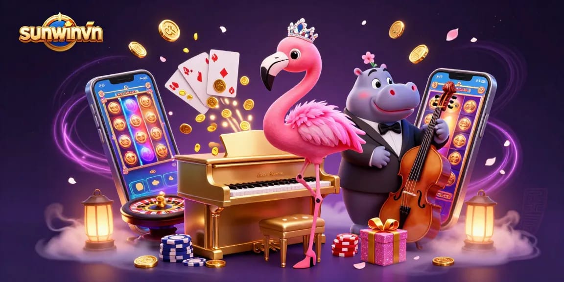 Engage with sunwinvn's vibrant casino scene featuring a singing flamingo, music, and gaming excitement.