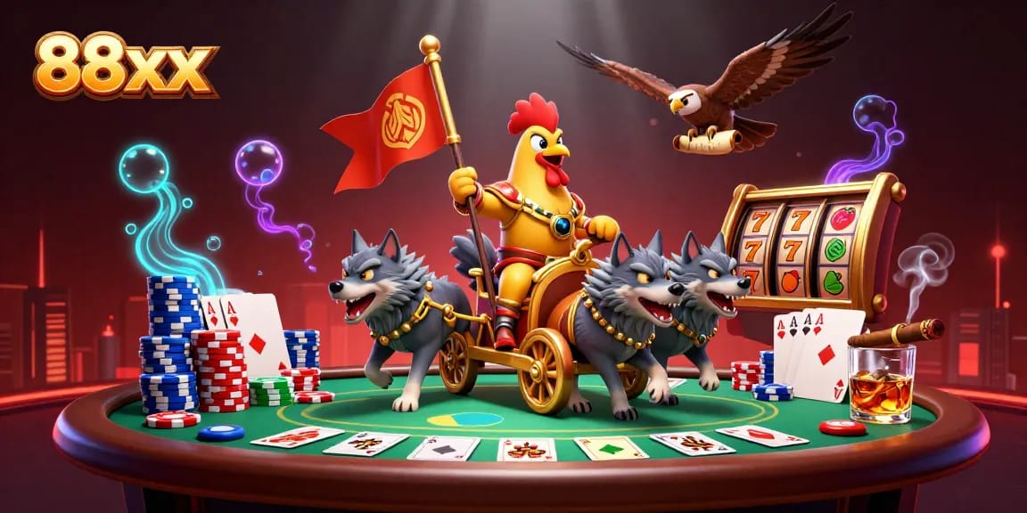 Engage in thrilling 88xx experiences with a rooster warlord showcasing casino elements in a vibrant 3D scene.