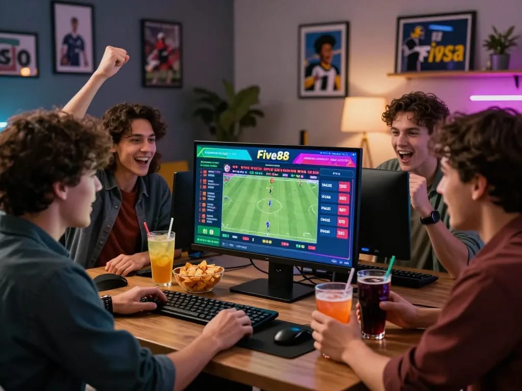 Friends engaged in online sports betting using Link vào Five88, surrounded by snacks and drinks, showcasing excitement.