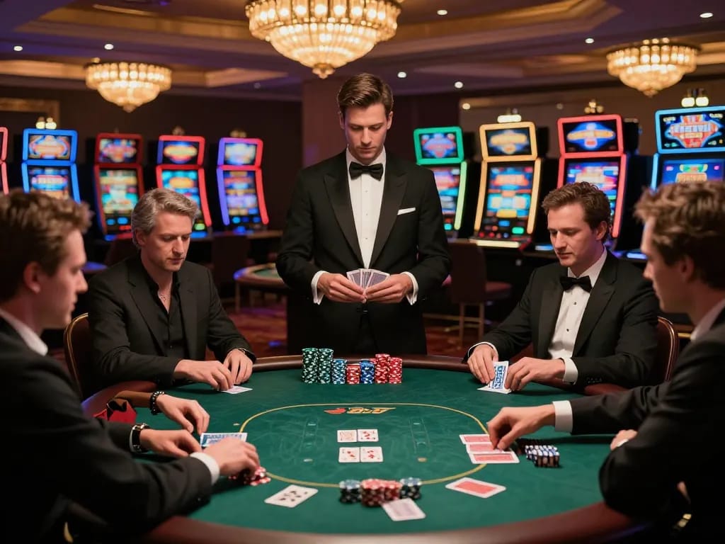 Five88 poker players engage in high-stakes action with stacks of chips and intense focus.