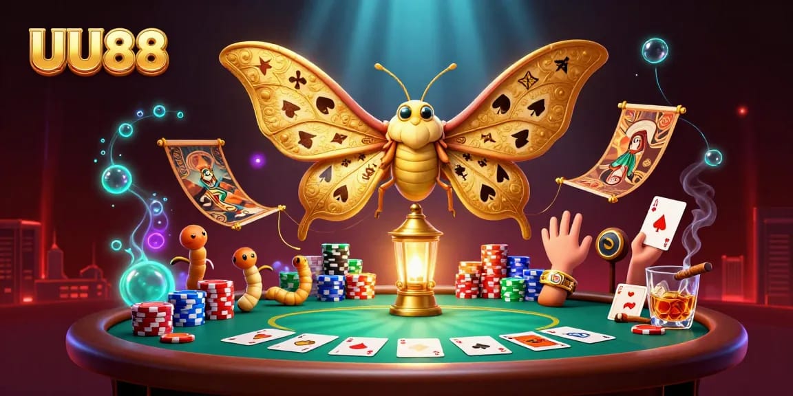 Experience thrilling gameplay with UU88's vibrant casino scene featuring a majestic moth and dynamic poker elements.