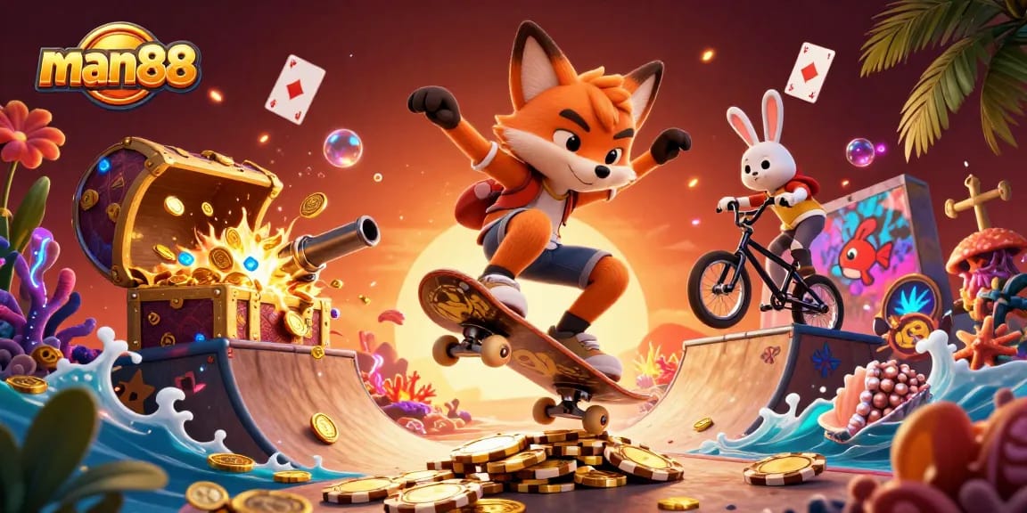 Join the action with man88 on an exciting kickflip adventure in a vibrant casino-themed world.
