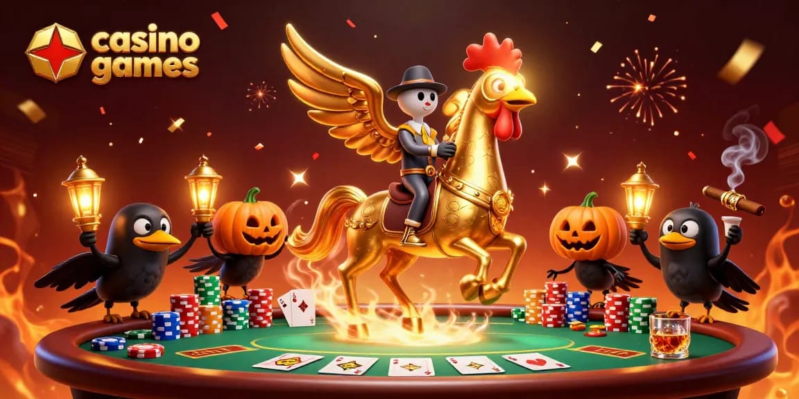 Experience thrilling casino games with a golden rooster and poker elements in a vibrant midnight casino scene.