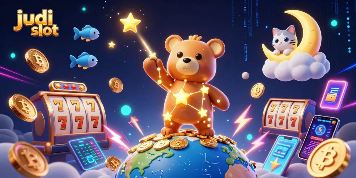 Experience exciting judi slot games with a vibrant cosmic backdrop and animated characters.