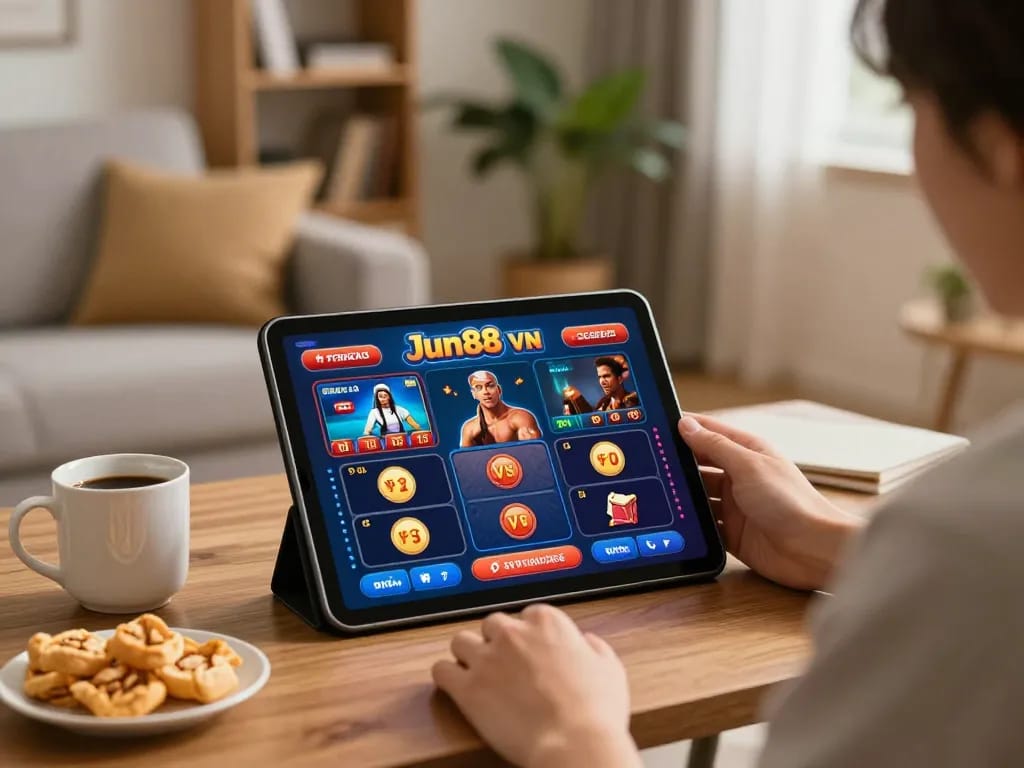 Engaged player enjoying Jun88 VN online casino games on tablet in stylish setting