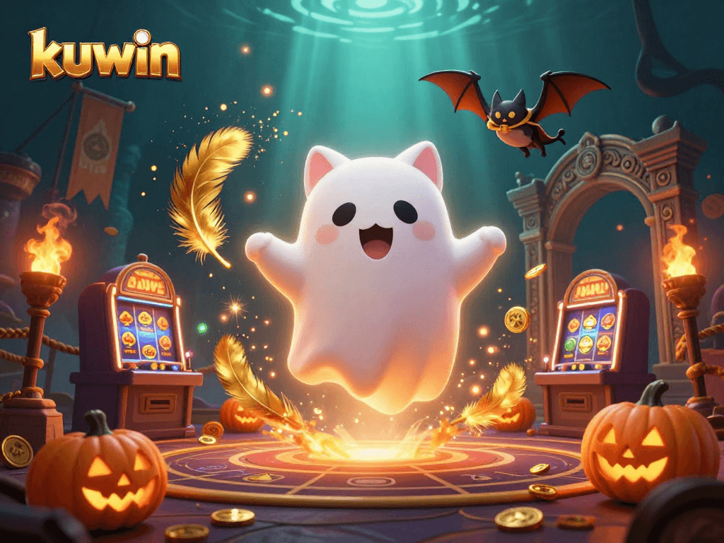 Kuwin's ghost cat explores vibrant casino adventures with enchanted slot machines and glowing pumpkins