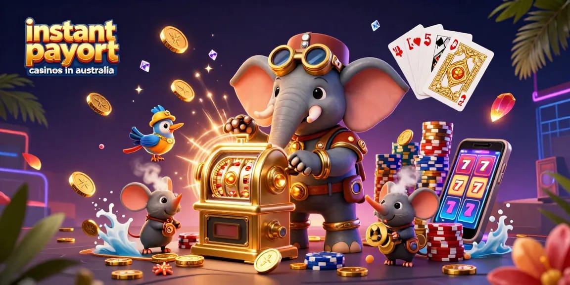 Engage with instant payout casinos in Australia through a vibrant 3D casino scene.