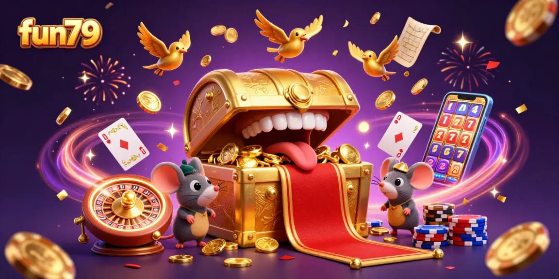 fun79 lures players with a treasure chest and golden coins in an extravagant casino scene
