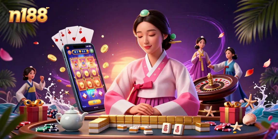 Experience the excitement at n188 with this vibrant casino scene highlighting dynamic game elements and a serene character.