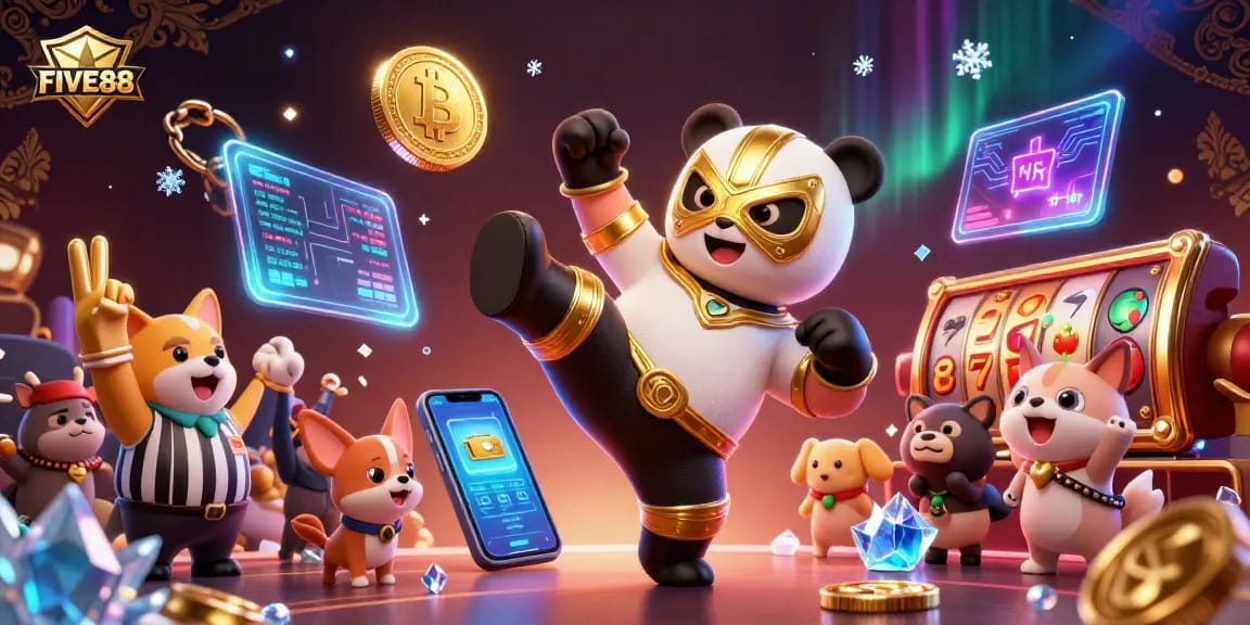Experience thrilling gameplay with FIVE88 at the vibrant 3D casino featuring a panda wrestler and crypto elements.