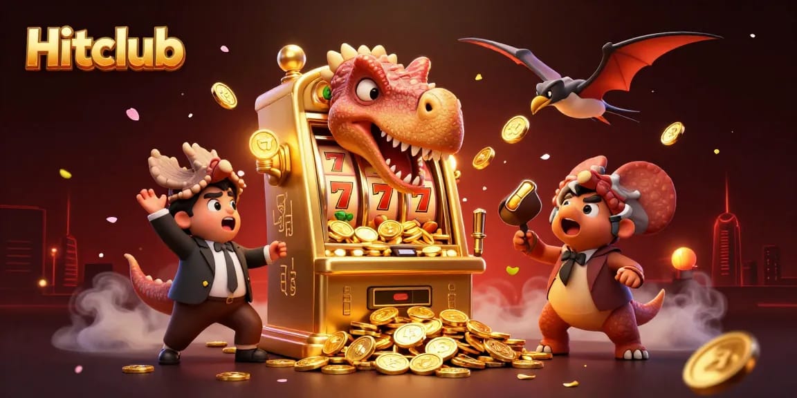 Hitclub characters celebrate a jackpot win as they interact with dynamic casino elements.