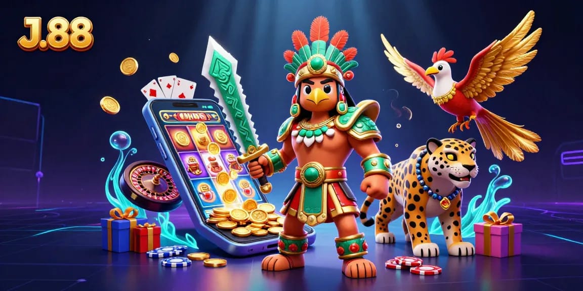 Engage with J.88's exciting 3D casino adventure, featuring slot games, warriors, and vibrant visuals.