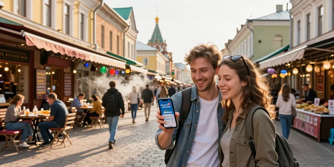 Een reiziger bekijkt de PayInRussia-app terwijl hij door een levendige Russische straat loopt.