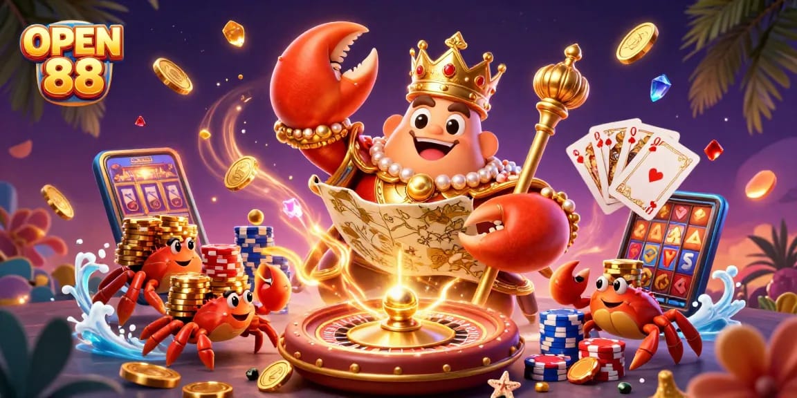 Engage with the vibrant world of OPEN 88 as a golden crab emperor leads an exciting casino adventure.
