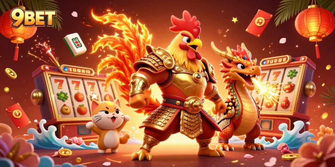 Engage in thrilling gameplay at 9BET with a dynamic scene of cartoon characters celebrating casino wins.