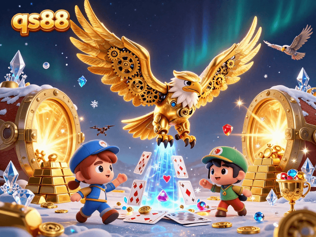 qs88 showcases a thrilling scene with a cybernetic eagle diving through sparkling playing cards in a dazzling casino atmosphere.