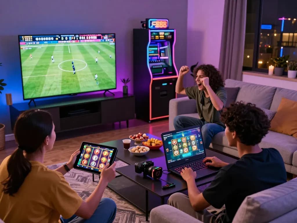 Friends enjoying FB88 online gaming activities with sports betting, slots, and eSports in a lively living room setting.