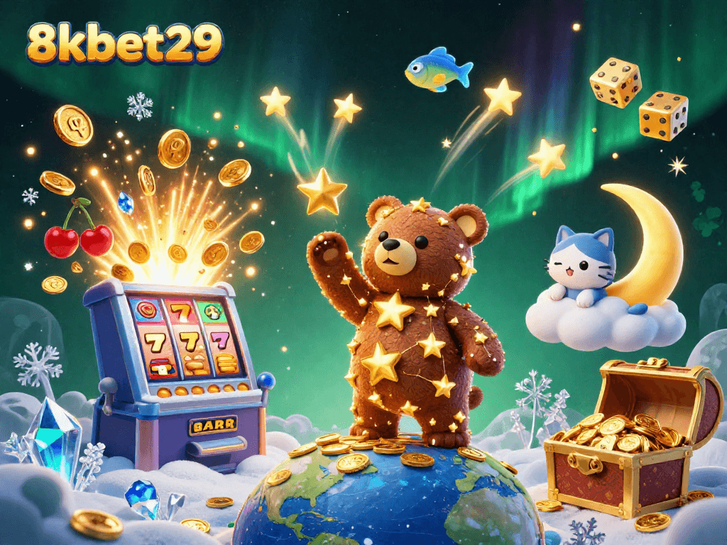 Experience thrilling wins at 8kbet29, featuring casino fun with vibrant slot machines and playful characters.