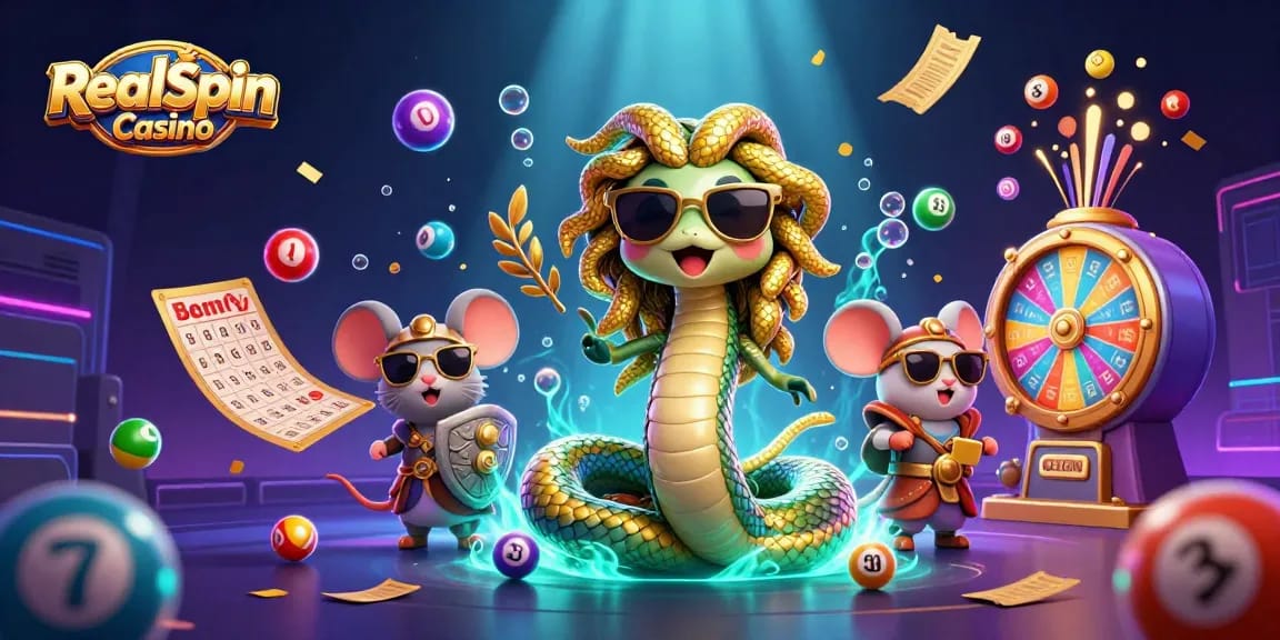 Experience thrilling wins at RealSpin Casino with vibrant 3D gaming elements and friendly characters.