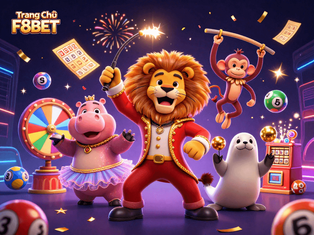 Experience thrilling gambling action with Trang Chủ F8BET in this lively circus-themed illustration.