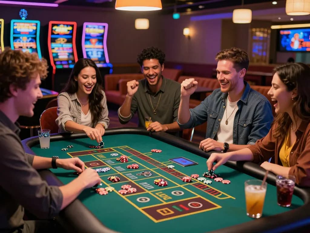 Friends enjoying a thrilling moment at MM88 online casino with colorful chips and vibrant ambiance.