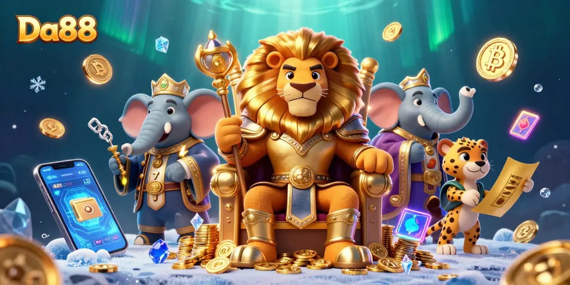 Win big with Da88 in an exciting casino illustration featuring a lion king, elephant advisor, and cheetah messenger.