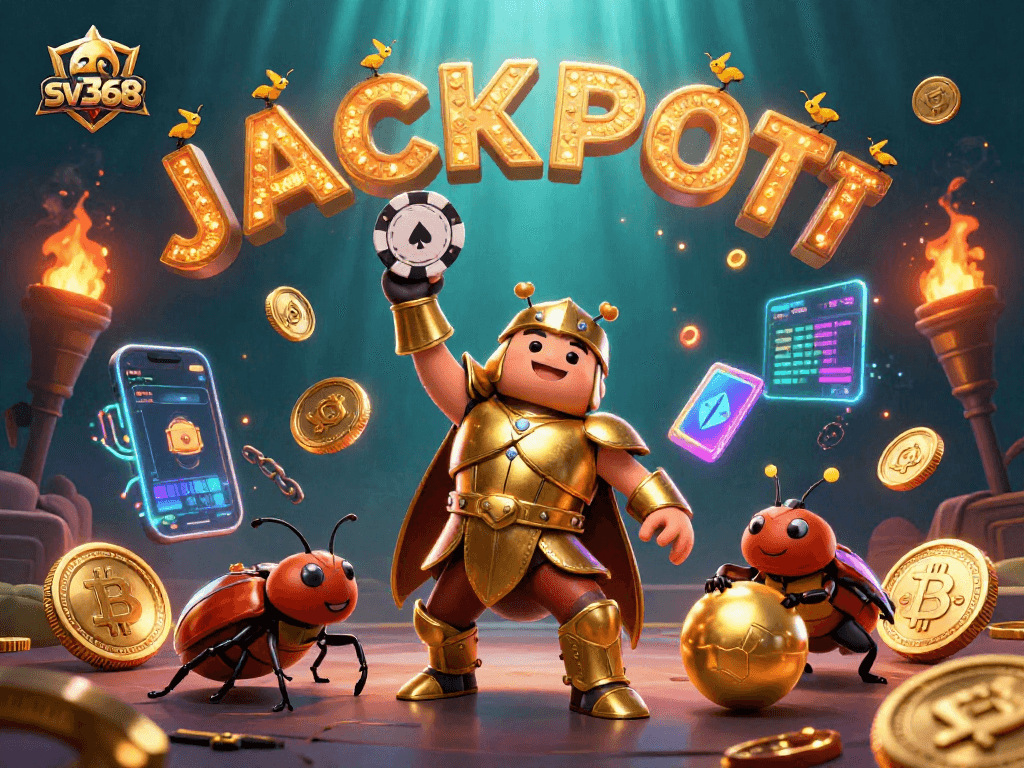 Experience sv368 excitement with a victorious beetle wielding a poker chip amid glowing crypto elements.