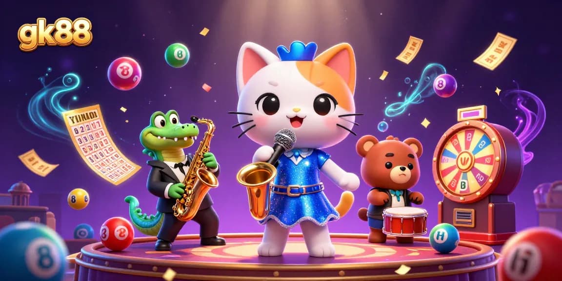 Engage in thrilling gaming adventures with gk88 in a vibrant 3D casino illustration featuring lively characters.