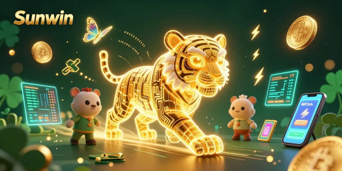 Sunwin showcases a vibrant scene of a golden tiger in a digital casino, embodying the excitement of online gaming.