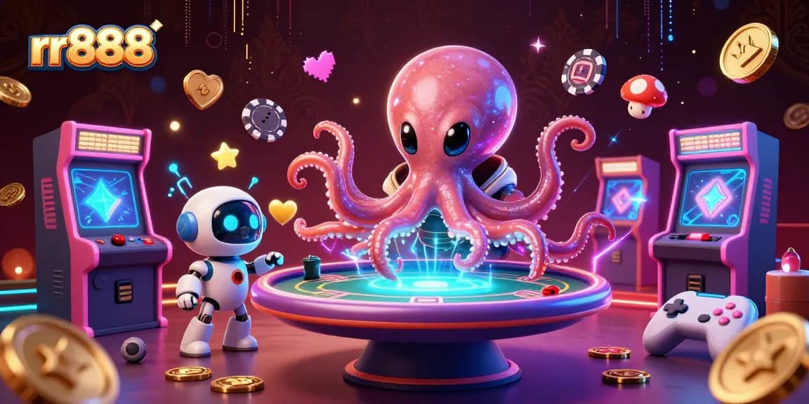 Experience thrilling action at rr888 with an alien octopus playing poker in a vibrant casino setting.
