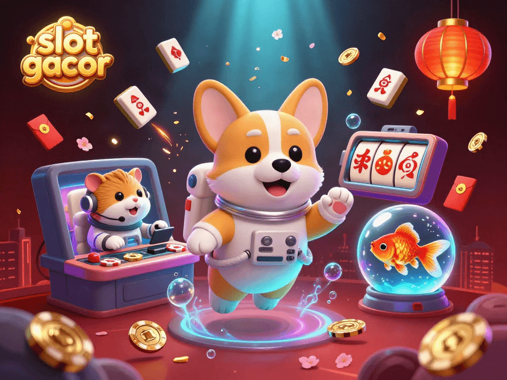 Engage with the vibrant slot gacor scene featuring a floating corgi, hamster, and goldfish in a casino.