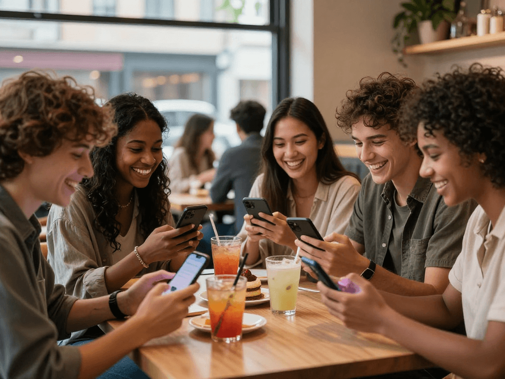 Young adults sharing dating stories while enjoying coffee in a café, capturing the essence of F168.