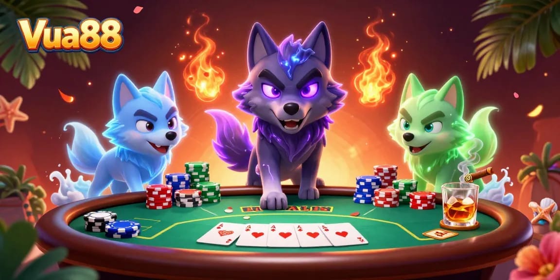 Experience thrilling poker action with Vua88's shadow wolf characters surrounding a vibrant poker table.