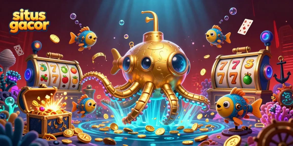 situs gacor captivates players with vibrant 3D kraken submarine in a treasure-filled casino scene.