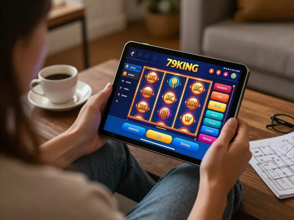 Engaging player using 79KING app on tablet in a cozy home environment during online gaming session