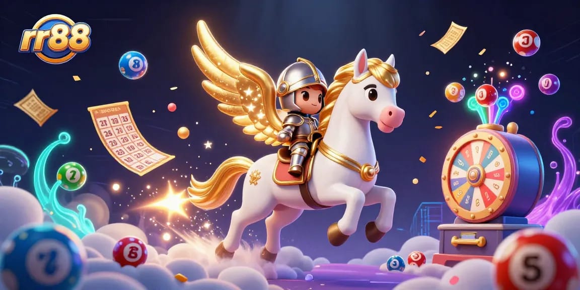 Engage the rr88 experience with a vibrant casino scene filled with dynamic lottery elements and enchanting characters.