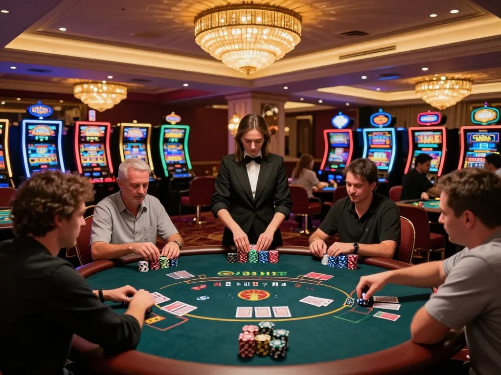 Players enjoying intense poker at 8kbet casino, with vibrant atmosphere and lively gameplay.