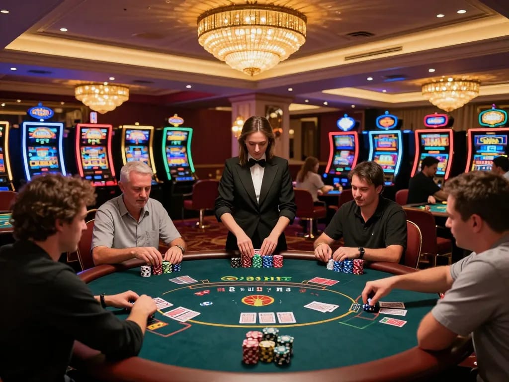 Players enjoying intense poker at 8kbet casino, with vibrant atmosphere and lively gameplay.