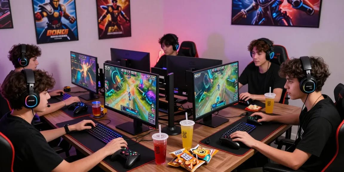 LUCK8 gaming scene with players intensely focused on competitive gameplay in a vibrant, modern setting.